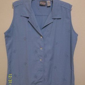 Blue Sleeveless Button Down Shirt w/Embroidered Flowers Size XL